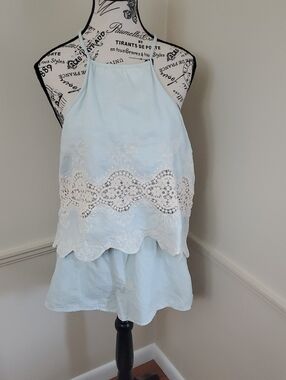 Altar’d State Crochet Romper Haltered Light Blue Large Lined Cotton